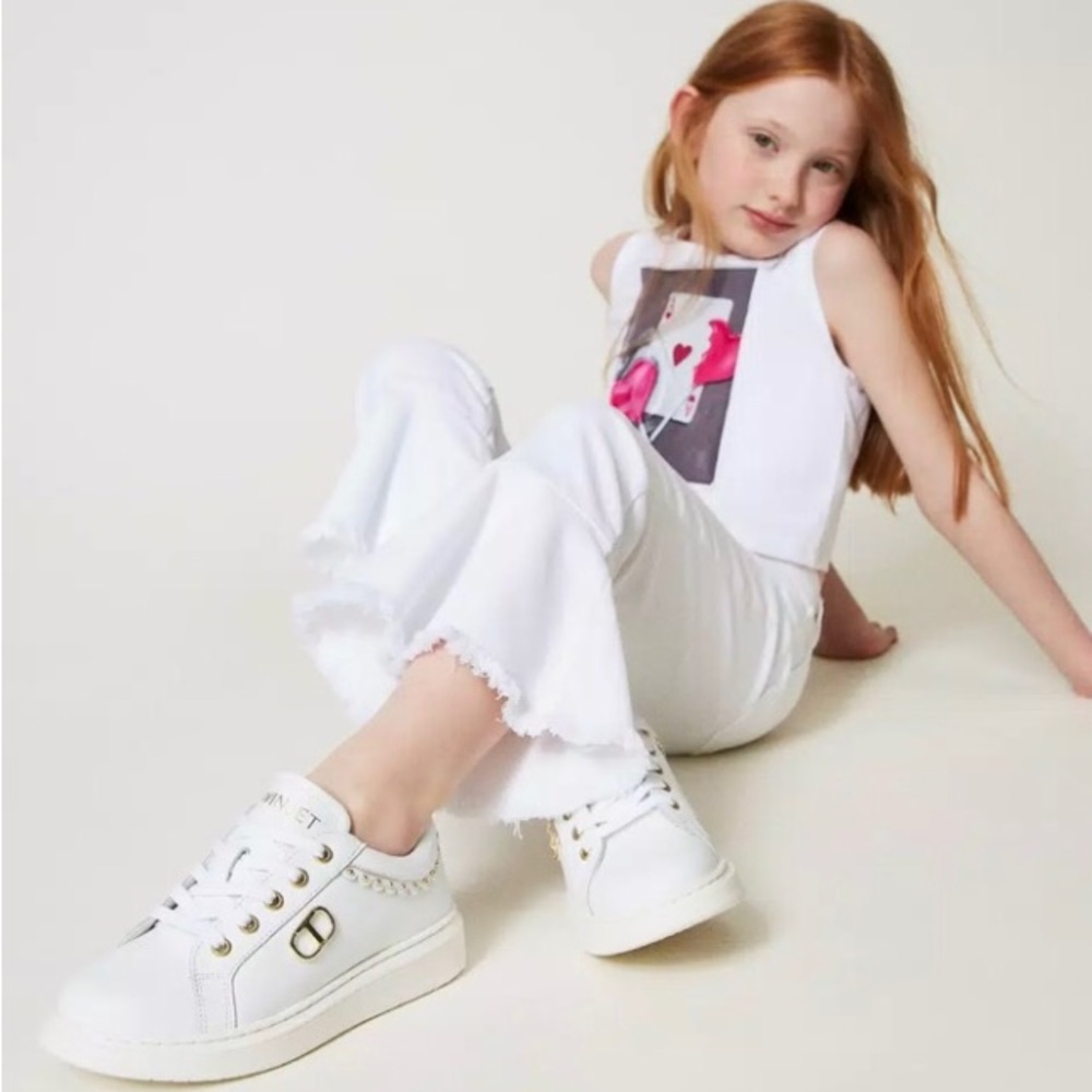 Twinset Milano Girls White Lace Up Logo Shoes Genuine Leather Made in Italy Sz27